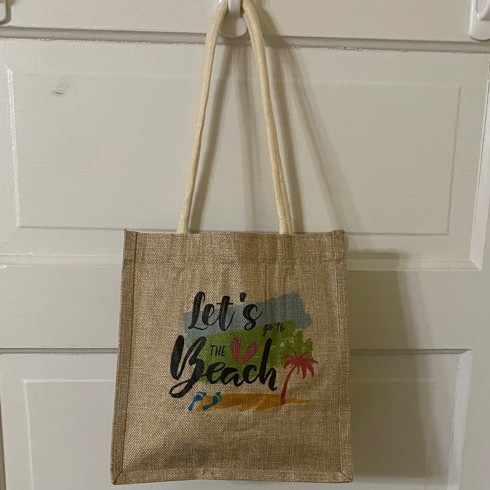 NWT Let's Go To The Beach Burlap Jute Tote Bag Beige